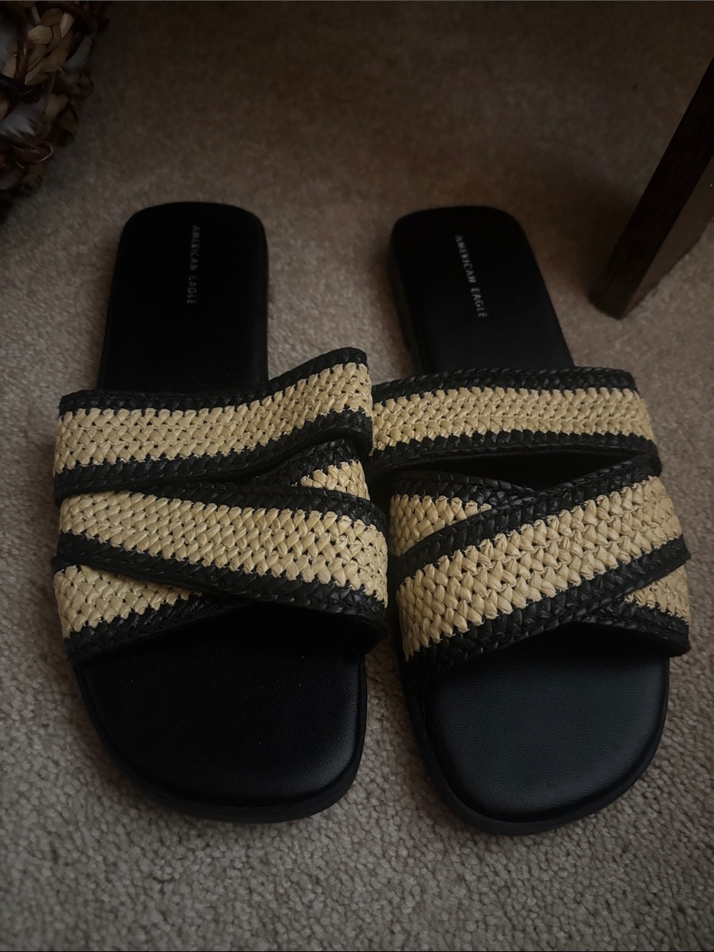 American Eagle Outfitters Black and Natural Woven Slide Sandals